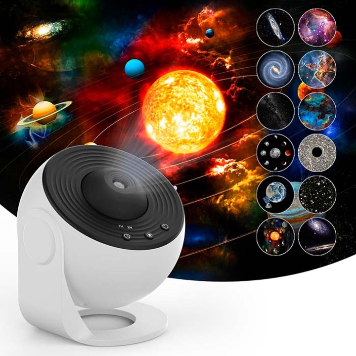 Proiector de stele, Netscroll, afiseaza 12 tipuri diferite de galaxii, constelatii si planete, potrivit pentru orice camera, USB cablu inclus, creeaza o atmosfera magica inainte de culcare, timer