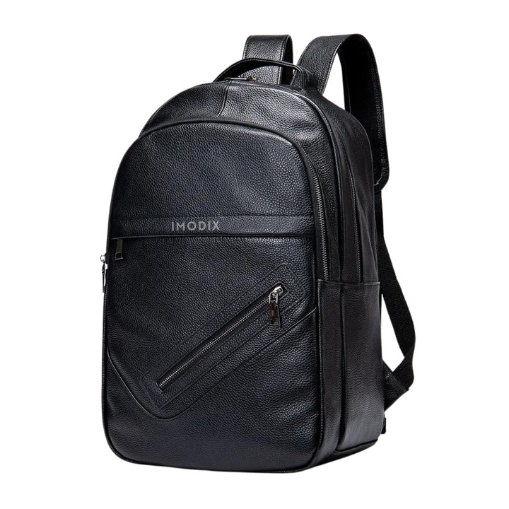 Rucsac Din Piele Naturala Pentru Barbati, IMODIX, Compartiment Pentru Laptop 14-inch, Foarte Spatios, 5 Buzunare, 40.5x26.5x15.5 cm, Model 331, Negru