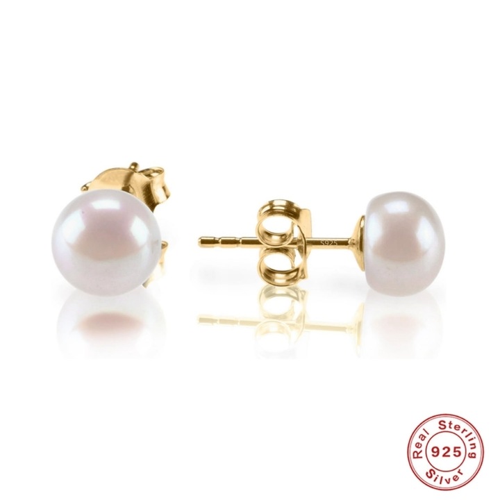 Cercei Aur cu Perle Naturale 7 mm, Diva4u, 100% Argint 925, Antialergic/Colorfast, Include Husa De Catifea Pentru Bijuterii