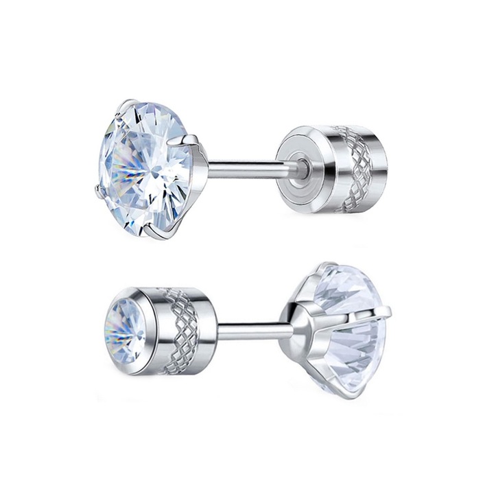 Cercei Barbati Medicinali, Dopuri de urechi cu surub, Diva4u, Otel Titan Medicinali/Zirconiu 6 mm, Include husa de catifea pentru bijuterii