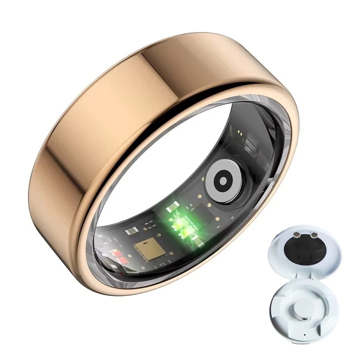 Inel Inteligent, Cutie Incarcare Wireless, Bluetooth, Monitorizeaza Somnul, Pulsul, Oxigenul din Sange, Caloriile, IP68, Marime 9, Diametru 19mm, Gold