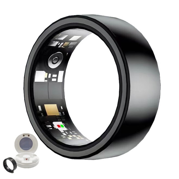 Inel Inteligent, Bluetooth, Cutie Incarcare Wireless, Oxigenul din sange, Monitorizarea stresului ritmului cardiac, Somnul, Calorii, Rezistent la apa si praf IP68, Marime 9, Negru