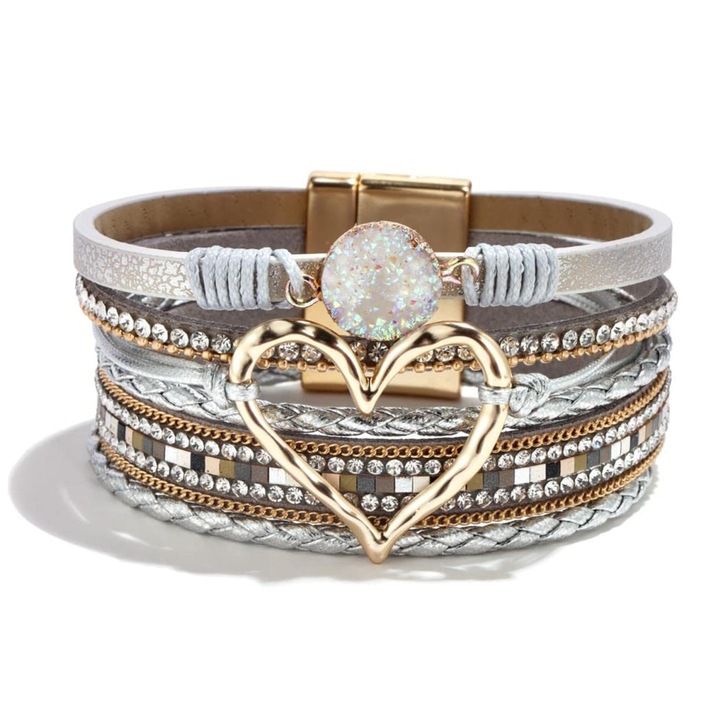 Bratara multistrat pentru femei, Stilul boem, decor de dragoste, piele ecologica, cu inchidere magnetica, argint, 19.5x2cm