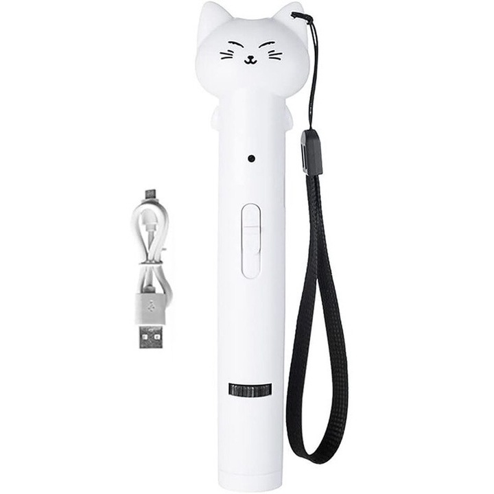 Jucarie interactiva pentru pisici, laser, 5 modele de proiectie, alb, cu cablu USB tip C