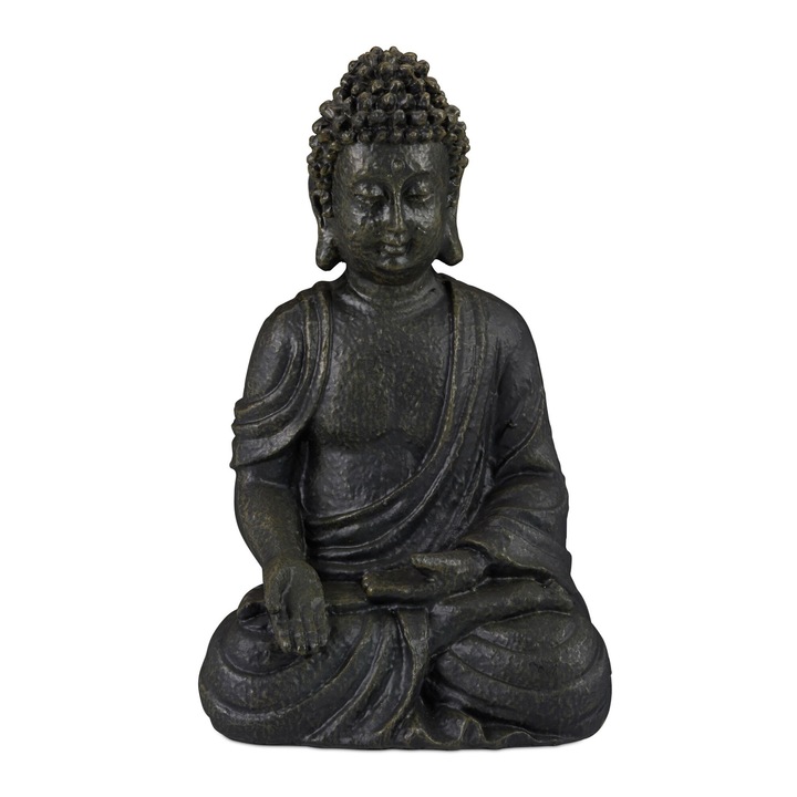 Statueta Buddha, Figurina Decorativa Spirituala pentru Liniste si Energie Pozitiva, Polirasina, Antracit, 30 x 18 x 11 cm