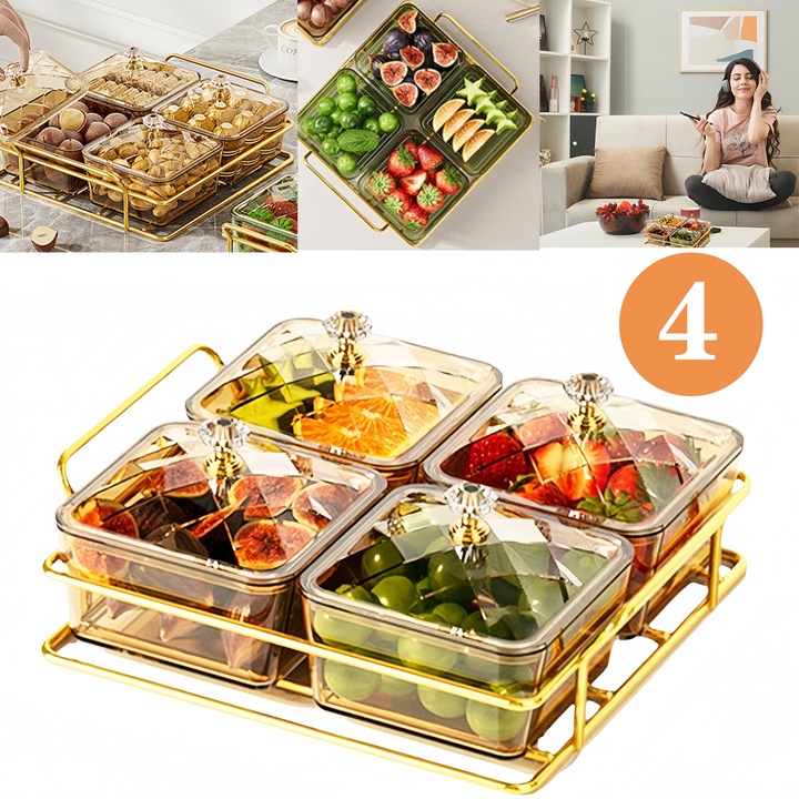 Set cutie cu alimente din 4 piese, Excitat, Cu capac de praf independent, maner in forma de romb, Stil vintage de lux, plastic alimentar, fara BPA, Suport metalic cu manere duble, Usor de curatat, Potrivit pentru acasa/birou/parte/cadou