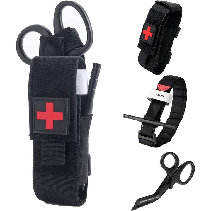 Geanta Medicala Militara de Urgenta, SINBINTA, Rezistent la apa si umiditate, Cu garou si forfecare, Pentru personal tactic, militar, de politie, de pompieri, de aplicare a legii si de salvare, Nylon/ Poliester, 15*4cm, Negru