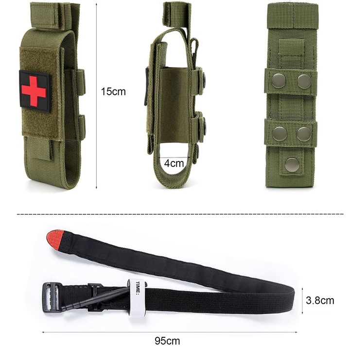 Geanta Medicala Militara de Urgenta, SINBINTA, Rezistent la apa si umiditate, Cu garou si forfecare, Pentru personal tactic, militar, de politie, de pompieri, de aplicare a legii si de salvare, Nylon/ Poliester, 15*4cm, Verde