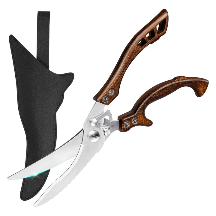 Кухненски ножици, SINBINTA, С чанта за съхранение, Назъбено острие, Ергономична неплъзгаща се дръжка, Лесно почистване за съхранение, Гладки ръбове, които няма да наранят ръцете ви, За кости, месо, Неръждаема стомана, 25,5*5 см, Кафяв