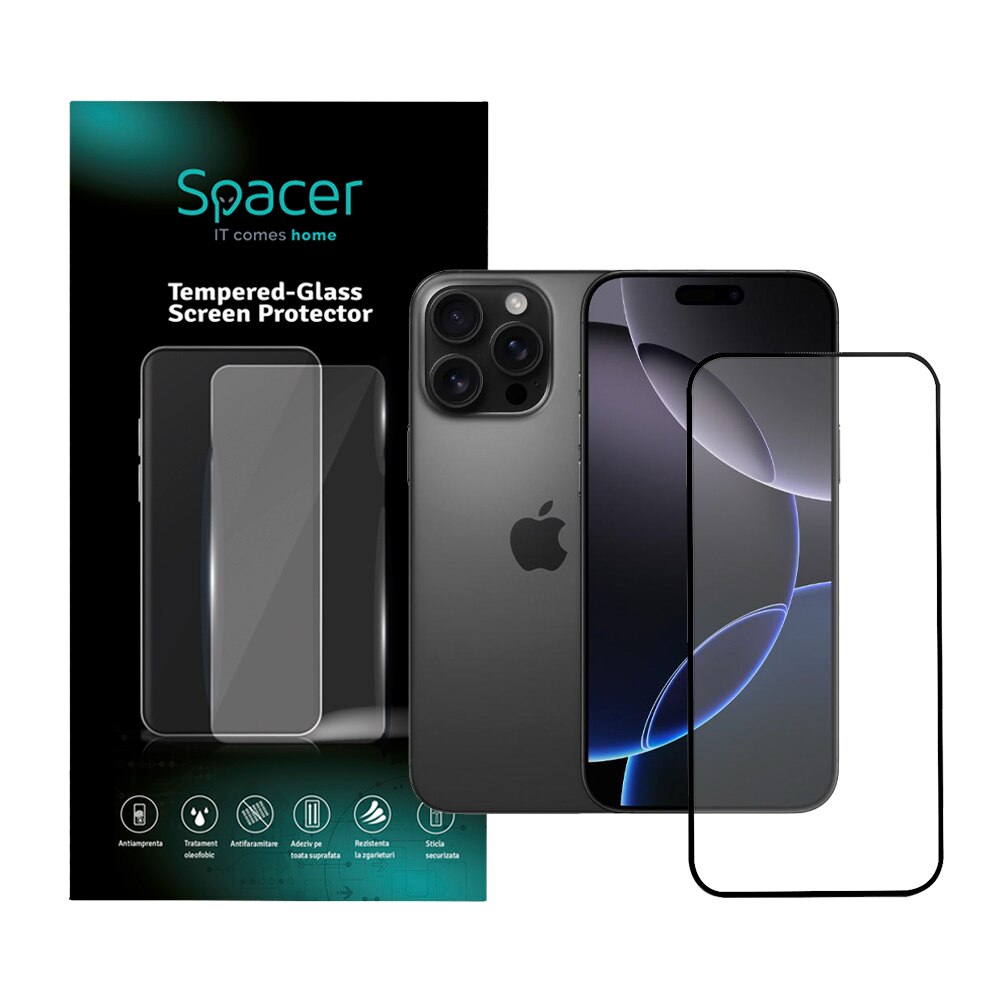 FOLIE STICLA Spacer pentru Iphone 16 Pro Max, grosime 0.3mm, acoperire totala ecran, strat special anti-ulei si anti-amprenta, Tempered Glass, sticla 9D, duritate 9H "SPPG-AP-IP16PM-TG"
