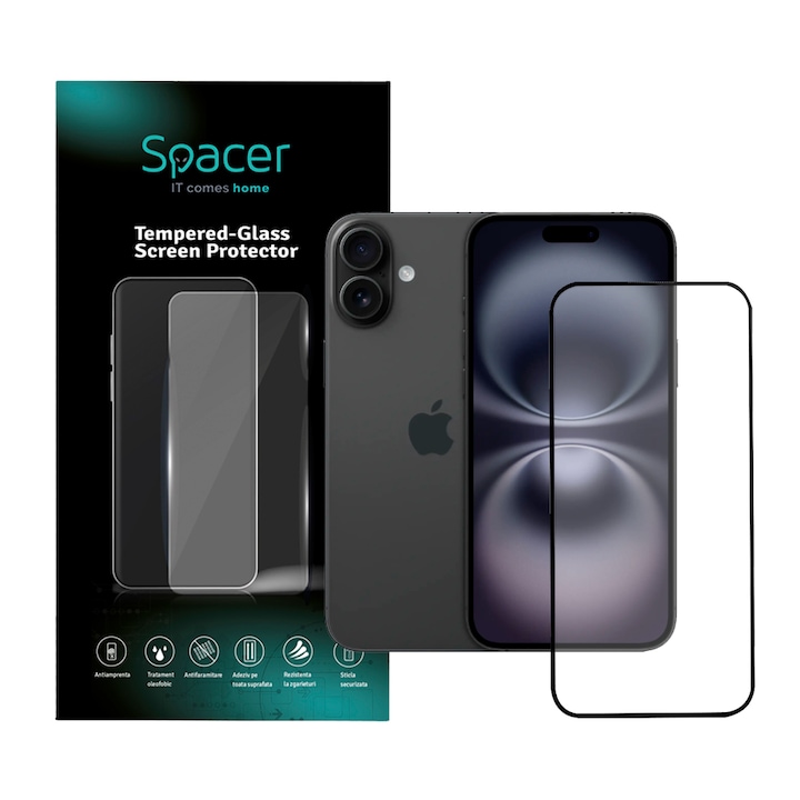 FOLIE STICLA Spacer pentru Iphone 16 Plus, grosime 0.3mm, acoperire totala ecran, strat special anti-ulei si anti-amprenta, Tempered Glass, sticla 9D, duritate 9H "SPPG-AP-IP16PL-TG"