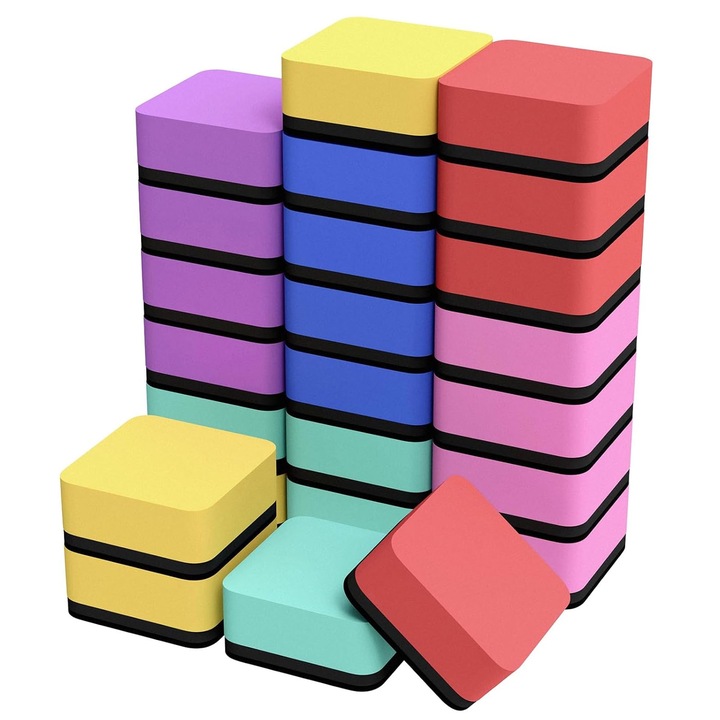 Комплект от 24 магнитни гъби за бяла дъска, SINBINTA, Отлична абсорбираща способност, Силна почистваща способност, Ергономичен дизайн, За дома, училище, офис и други места, Филц/EVA, 5 x 5 x 2 cm, Многоцветни