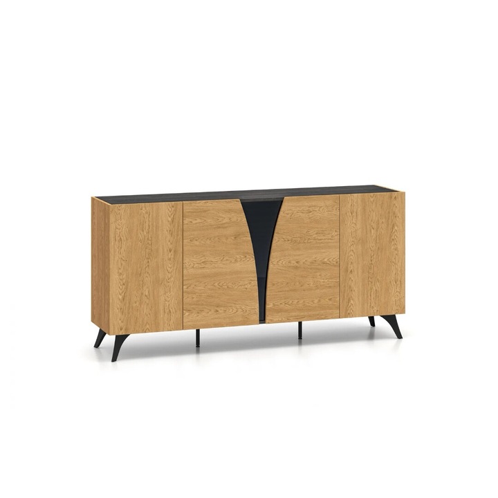 Comoda 170 cm lungime, design exclusivist, sistem push open, stejar portland/stejar cafea inchis/sticla neagra, picioare negre, 40 cm adancime, cu rafturi, living, dormitor, de lux