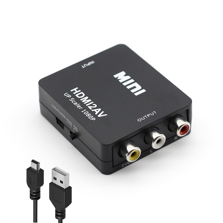 Адаптер HDMI към AV, активен, Full HD, Plug and play, цифров HDMI към 3 x RCA конвертор, 5V, черен