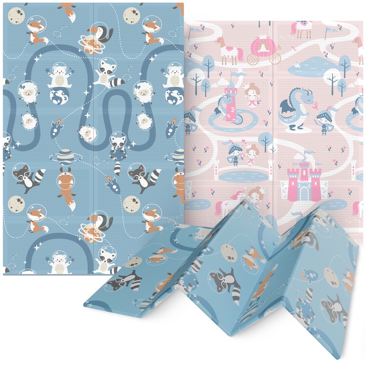 Covoras educational pliabil pentru copii, 4FIZJO, regatul si cosmosul, cu doua fete, antiderapant, sigur pentru copii mici Spuma XPE, 180 x 120 cm, albastru/roz/alb
