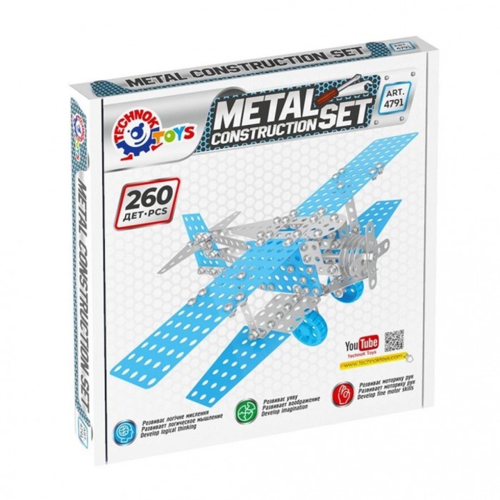 Set de constructie avion biplan, Technok, 260 elemente, metal, 190x195mm