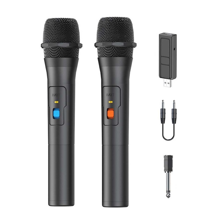 2 db professzionális mikrofon készlet, ZXJDN®, vezeték nélküli, zajcsökkentő funkció, hosszú akkumulátor üzemidő, 3,5 mm/6,35 mm-es eszközökkel kompatibilis, alkalmas konferenciákra, karaoke, műsorszórás, beszédek, felvételek, templomok, fekete