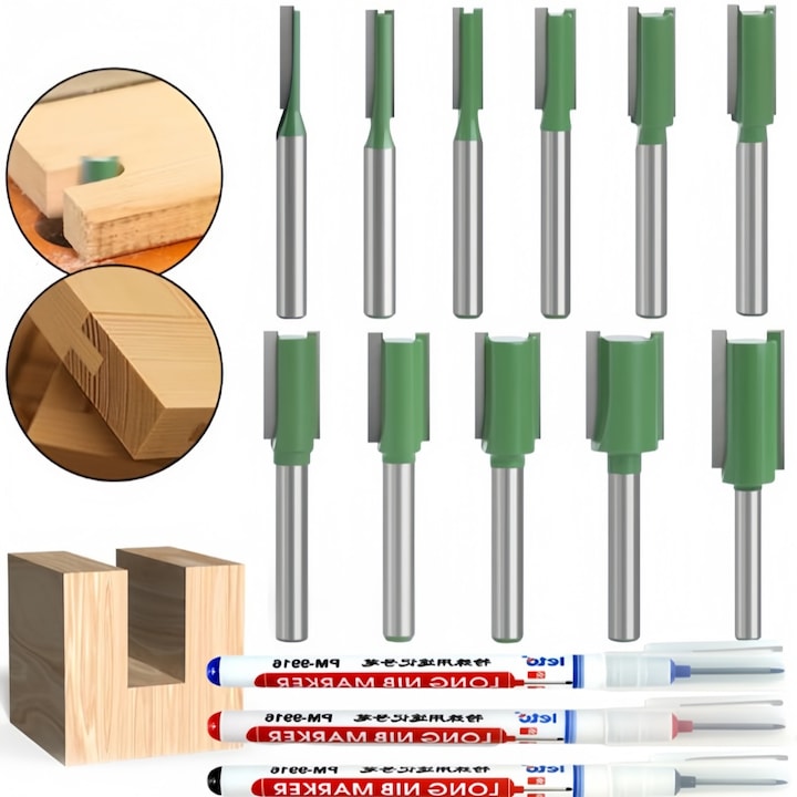 Set de freza drepte, EXCITAT®, 11 bucati, Include trei markere in culorile rosu, albastru si negru, Taietura dreapta, Nu este usor de deformat si ruginit, Pentru panouri de lemn, panouri de fibre de densitate medie, panouri de particule, Aliaje, Verde