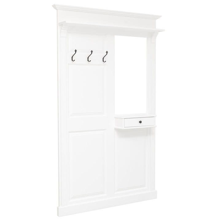 Cuier cu oglinda, 1 sertar, culoare alb P004, vopsit, 100% lemn masiv 132x19x210 cm