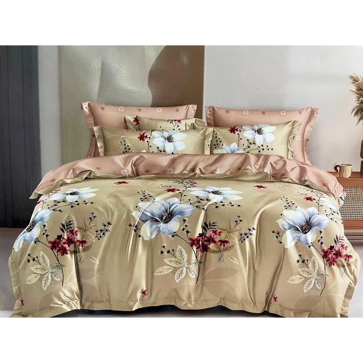 Lenjerie cu Elastic din finet 6 piese, Bej cu Roze si Flori Super Elegant Pucioasa