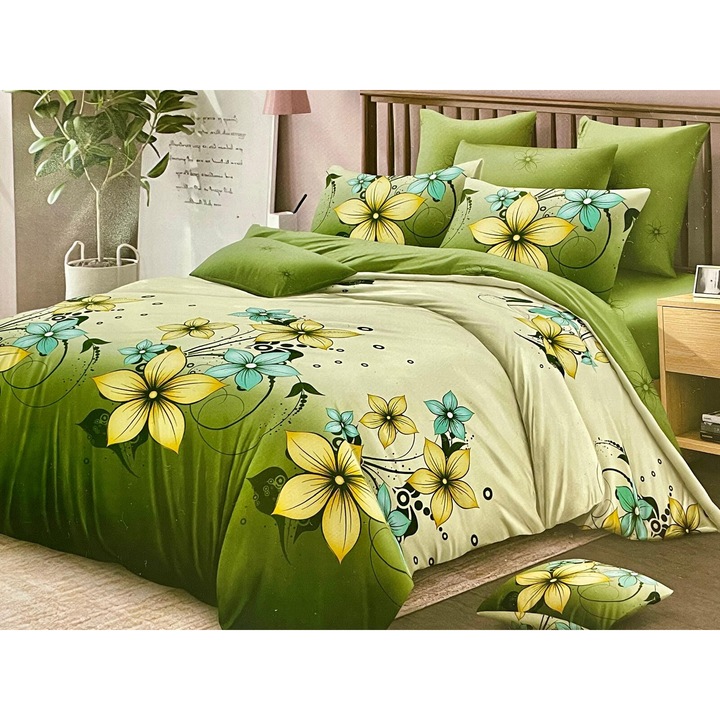 Lenjerie cu Elastic din finet 6 piese, Verde cu Narcise Super Elegant Pucioasa