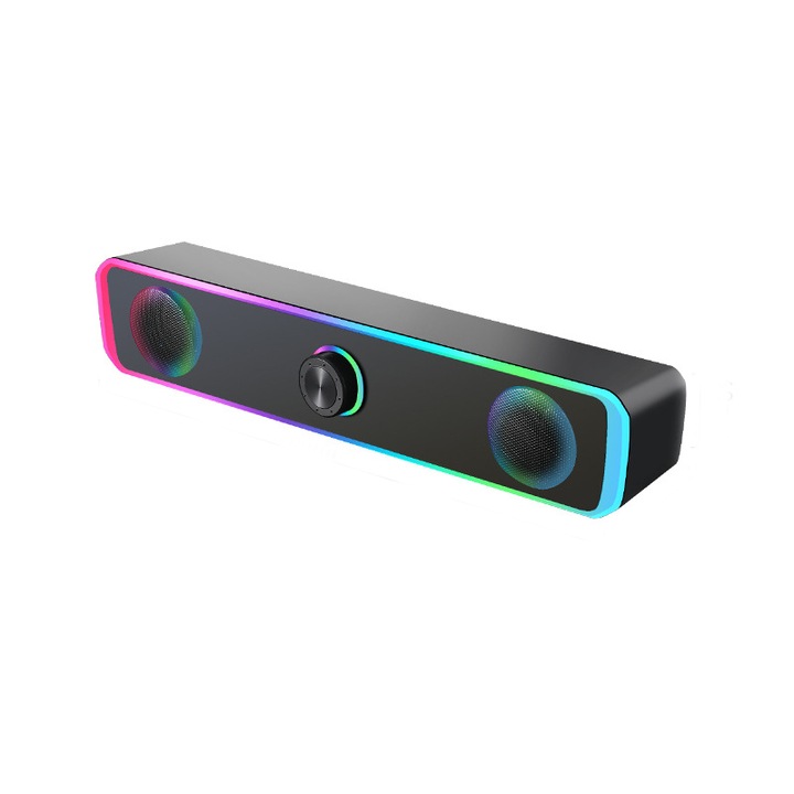 Fudisenn PC hangszóró, 360 térhatású hangzás, 4D sztereó, fekete, 320x52x60mm, Bluetooth/kábel csatlakozás, RGB világítás