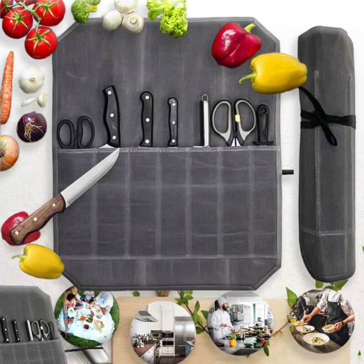Husa pentru cutite, EXCITAT®, panza ceara impermeabila, Husa pentru cutite pliabila, 7 compartimente, potrivita pentru exterior, acasa, explorarea salbaticiei, usor de transportat, 31x19cm, Gri