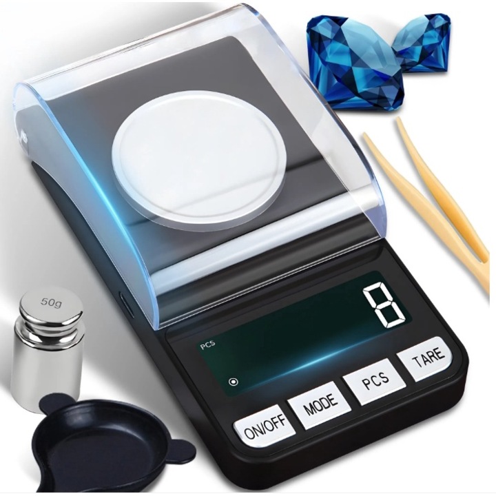Везна за бижута с LCD екран, EXCITAT®, с точност 0.001g, дигитален дисплей, функция TARE, ръчно нулиране, автоматично изключване, 6 мерни единици, максимално претеглено тегло 100g, USB зареждане, включва 2 батерии AAA 1.5V, черен цвят