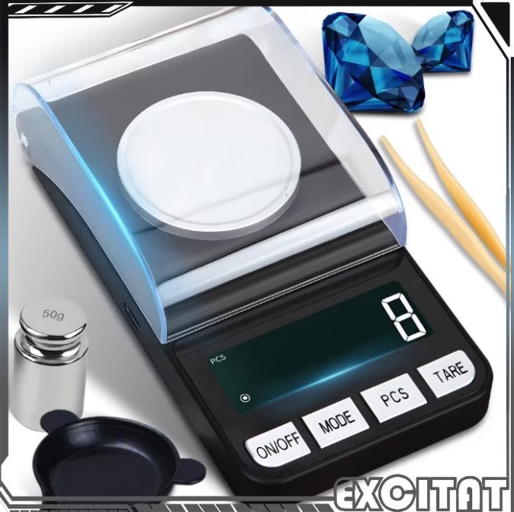 Cantar De Bijuterii cu ecran LCD, EXCITAT®, cu precizia de 0.001g, Cu Afisaj Digital, Functie TARE, Resetare manuala, timp de oprire automata, 6 unitati de masura, 100 g greutate maxima cantarita, Incarcare USB, include 2 baterii AAA de 1, 5V, Negru