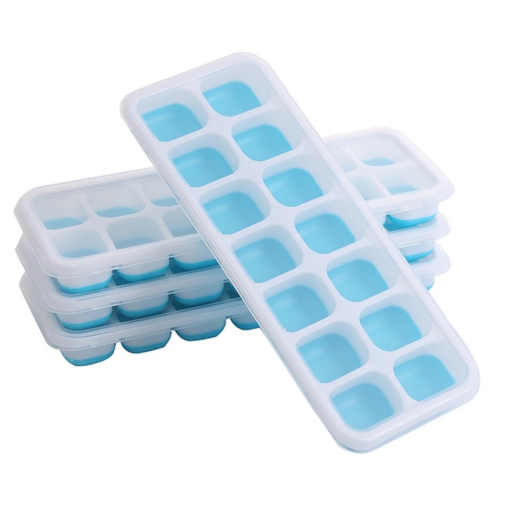 Set 4 tavi din silicon pentru gheata, 14 Compartimente, 25.4x9.8x2.5 cm, albastru