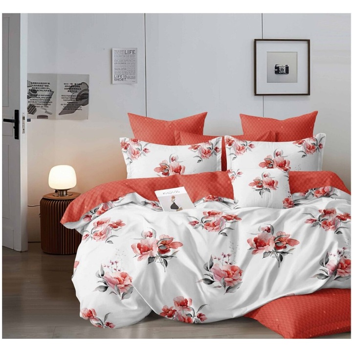 Lenjerie de pat dublu, 6 piese, 2 persoane, 180x200 cm, Imprimeu trandafiri portocali, multicolor