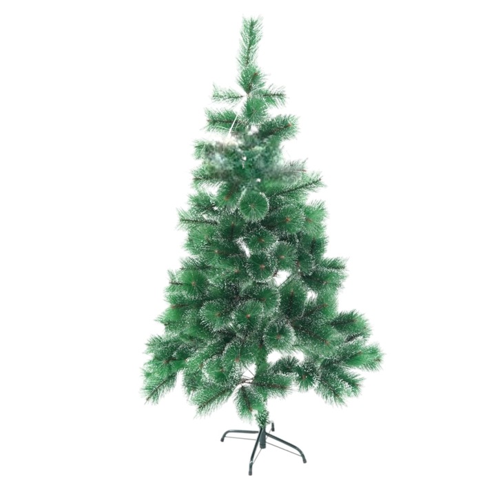 Brad Artificial de Craciun, tip Pin inzapezit, 150 cm, Verde Nins, 160 Ramuri, Diametru 85 cm, suport metalic, Verde. alb