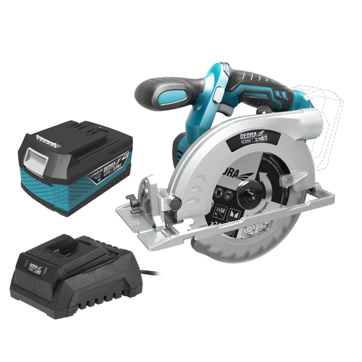 Kit fierastrau circular de mana cu acumulator 18V 4Ah, incarcator inclus, disc 165mm, 4200rpm, Dedra