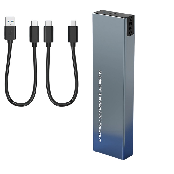Преонсим Rack LUVLU™ 2 в 1, M.2 NVMe/NGFF SSD адаптер за преносим калъф, съвместим 2280/2260/2242/2230 M Key/B+M Key, PCIe/SATA, USB 3.1 Gen 2 (10 Gbps), USB кабел -C към C и USB-C към A, максимум 2TB, Windows, MAC, Linux, Android, Алуминий