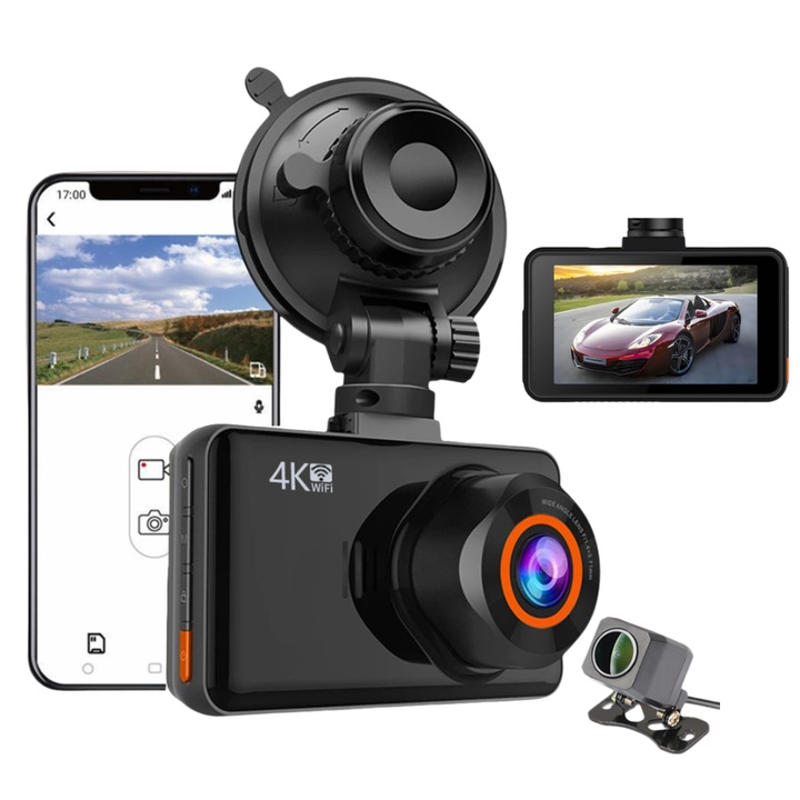 Камера за кола IdealTI, V22-PRO DVR 4K FULL HD камера, нощно виждане, WiFi приложение, GPS, G сензор, Novatek 96670 + Sony IMX335, ъгъл на заснемане 170°, 3-инчов дисплей, задна камера 1080p