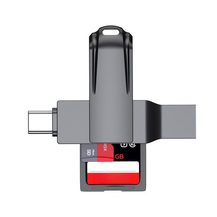 Cititor de carduri multifunctional, 5 in 1, USB3.0, TYPE-C, camera foto/computer/telefon mobil, SD/TF, viteza de transfer 5Gbps, compact si portabil,, aluminiu, gri