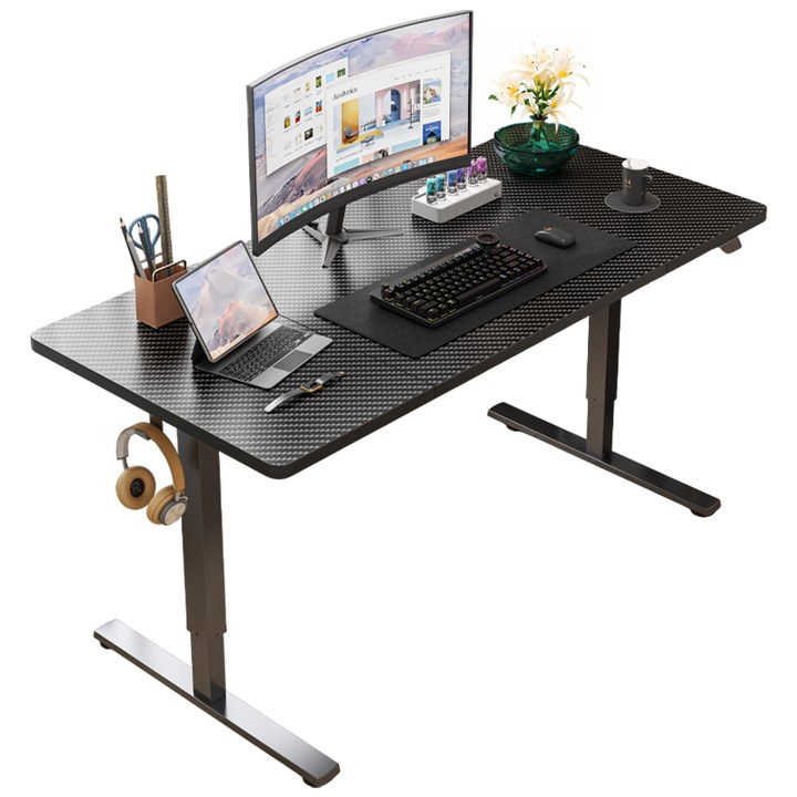 Birou de gaming reglabil electric pe inaltime negru moderne 140x60x72 cm BADU