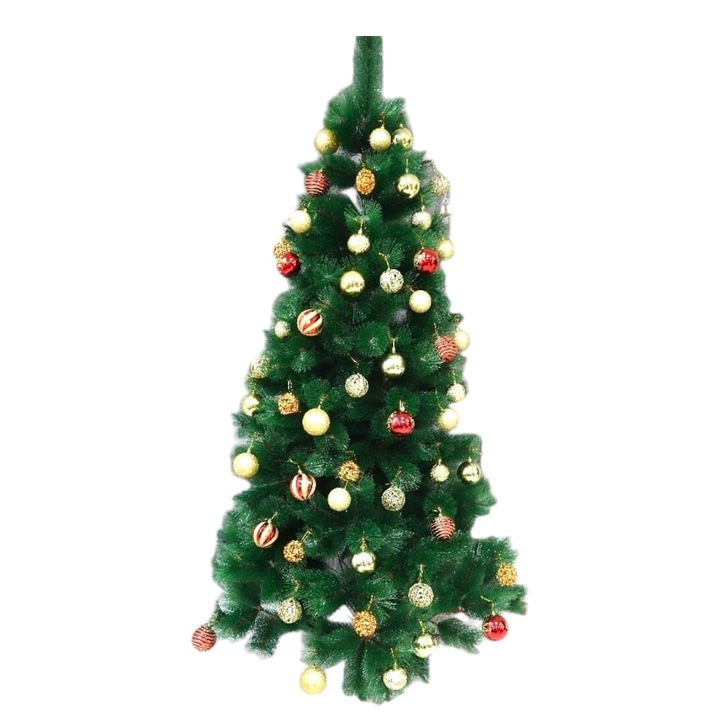 Mesterséges fenyő karácsonyfa szett, 210 cm, 350 ággal és 3D tűkkel, díszítő elemekkel, smaragdzöld, tartóval