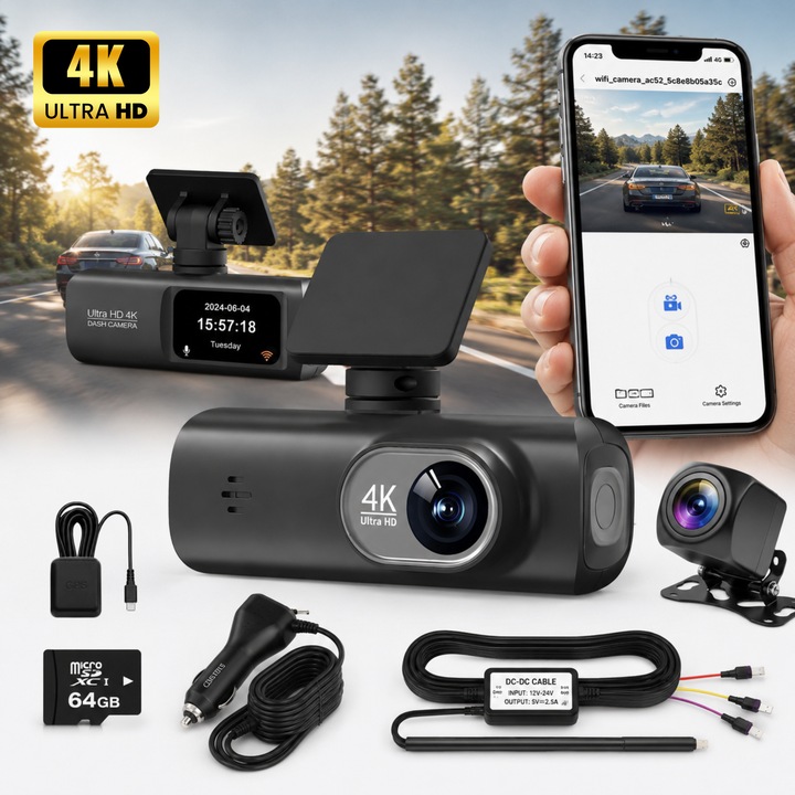 Camera Auto De Bord 4K DVR-IdealTI®, Aplicatie WiFi, GPS, UHD 4K, Night Vision, Unghi 170˚+140˚, Senzor G, LCD Display, Detectare Miscare, Camera Marsalier 1080p, Loop Recording, Card 64GB