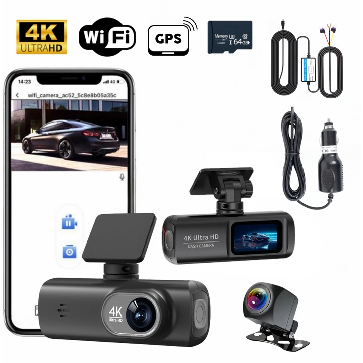 Camera Auto De Bord 4K DVR-IdealTI®, Aplicatie WiFi, GPS, UHD 4K, Night Vision, Unghi 170˚+140˚, Senzor G, LCD Display, Detectare Miscare, Camera Marsalier 1080p, Loop Recording, Card 64GB