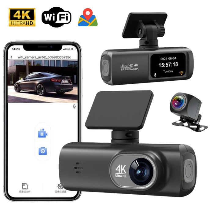 Автомобилна камера 4K UHD MINI V-22 IdealTI ®, WiFi приложение, GPS, Резолюция-3840x2160p, Нощно виждане, Ъгъл на заснемане 170˚+140˚, G сензор, Marsalier Camera 1080p, Циклично записване