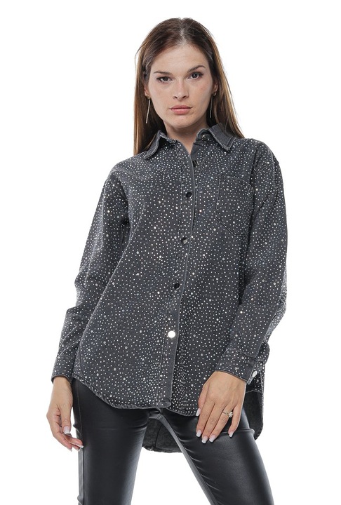 Camasa denim dama, cu strasuri, Negru, One Size