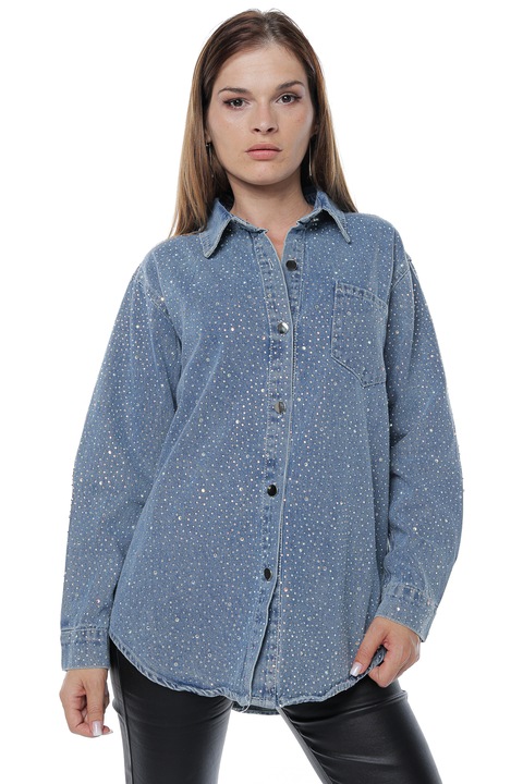 Camasa denim dama, cu strasuri, Blue jeans, One Size