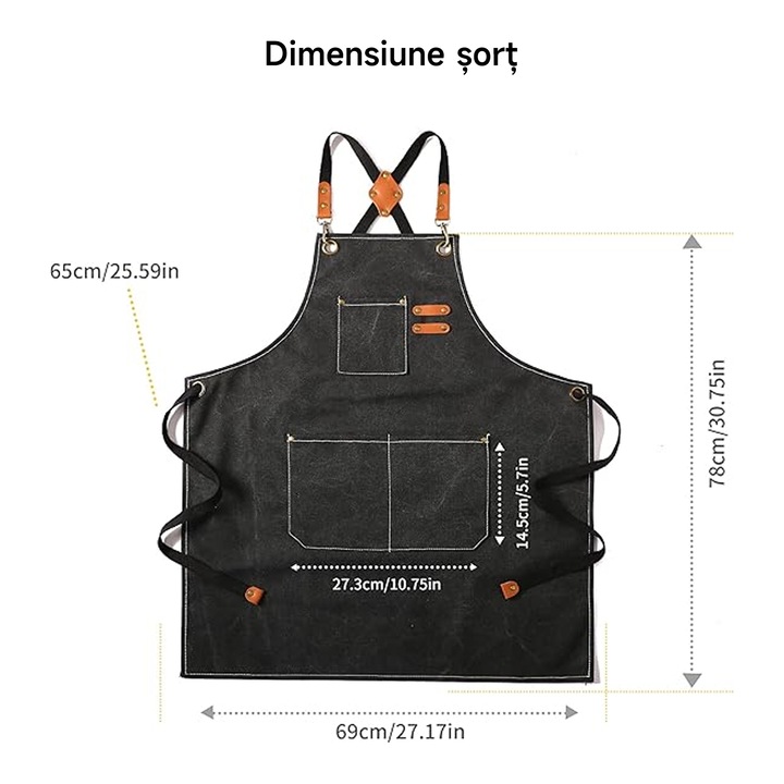 Set 2 sort de bucatarie Wacorresi, Conceput pentru barbati si femei, 75x68cm, sort de bucatar, Usor de curatat, Cu buzunare, curele extinse, material rezistent la praf, respirabil, rezistent la uzura, convenabil si practic, negru
