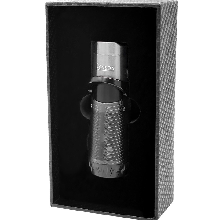 Bricheta Ronson Bora Silver Black Cu 2 Jeturi Si Perforator Pentru Trabucuri, Flacara Reglabila