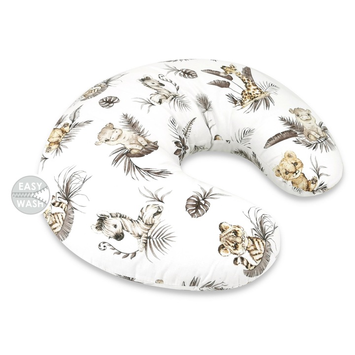 Perna pentru alaptat, MimiNu, Din bumbac certificat Oeko Tex Standard 100, Cu husa detasabila, Cu fermoar securizat, Circumferinta 155 cm, Savanna