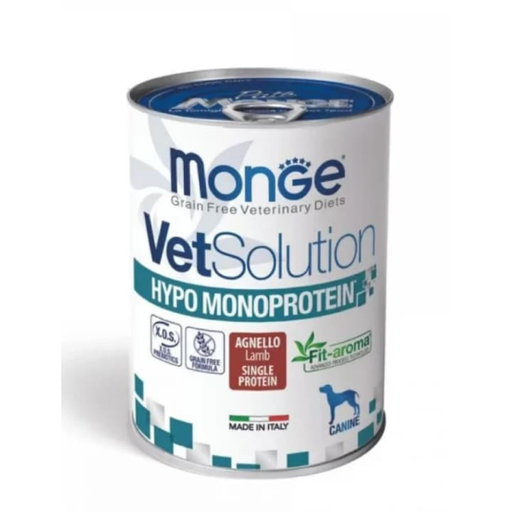 Hrana umeda pentru caini, Monge Vetsolution Hypo Monoprotein, adult, cu aroma de miel, 400 g