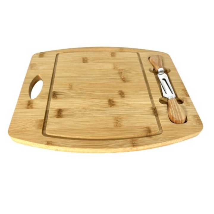 Platou din bambus pentru Branzeturi cu 2 accesorii incluse, Material Bambus + plastic + otel inoxidabil, Dimensiune 29,5 x 33 cm, Grunberg, GR5821