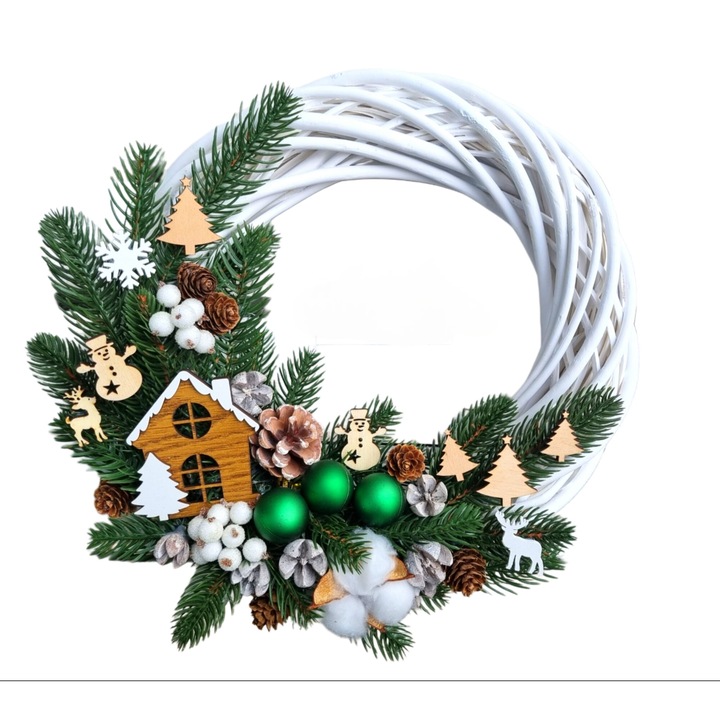 Coronita de Craciun 30 cm, ratan, cu casuta si brad artificial