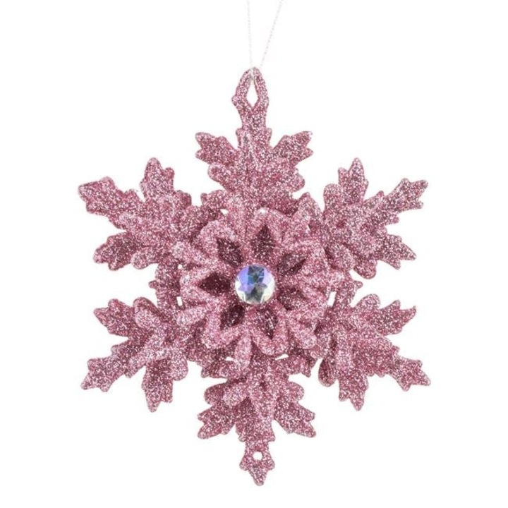 Ornament brad Craciun Antbro® fulg de zapada 3D cu glitter roz si cristal in mijloc, 12x4cm